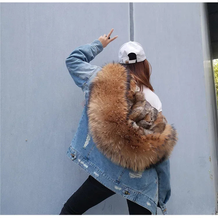 Jaqueta Parka Jeans Feminina com Forro Capuz Removível – (Promoção de Inverno 2025)