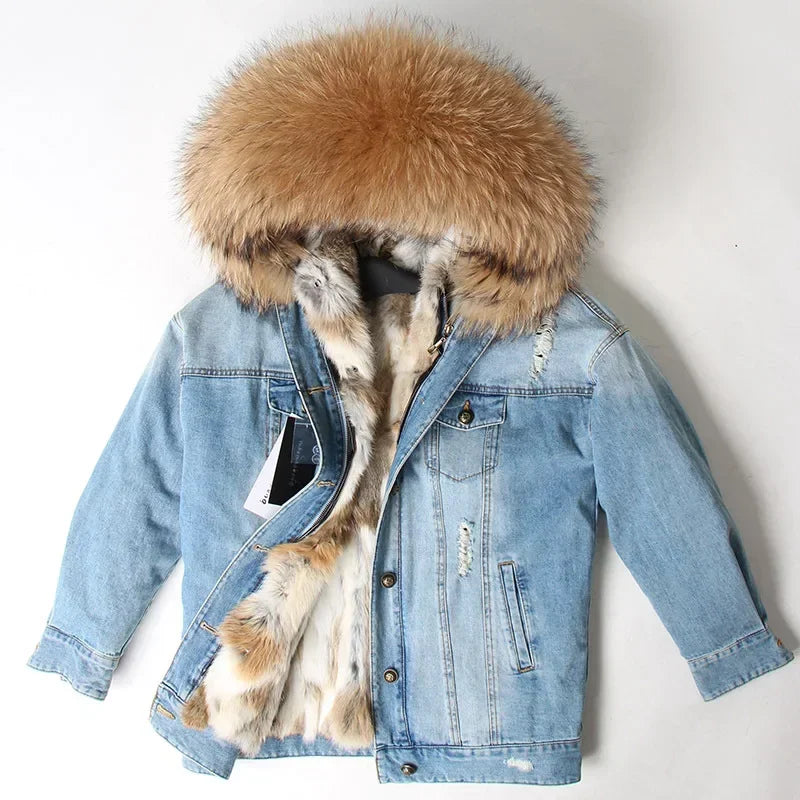 Jaqueta Parka Jeans Feminina com Forro Capuz Removível – (Promoção de Inverno 2025)