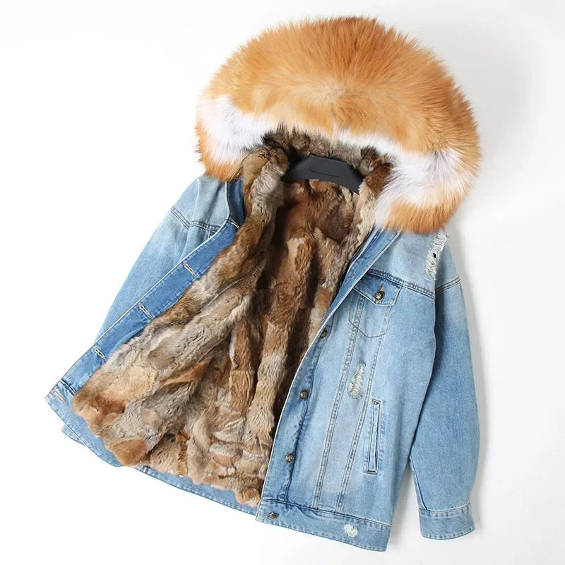 Jaqueta Parka Jeans Feminina com Forro Capuz Removível – (Promoção de Inverno 2025)