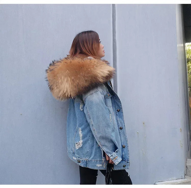 Jaqueta Parka Jeans Feminina com Forro Capuz Removível – (Promoção de Inverno 2025)