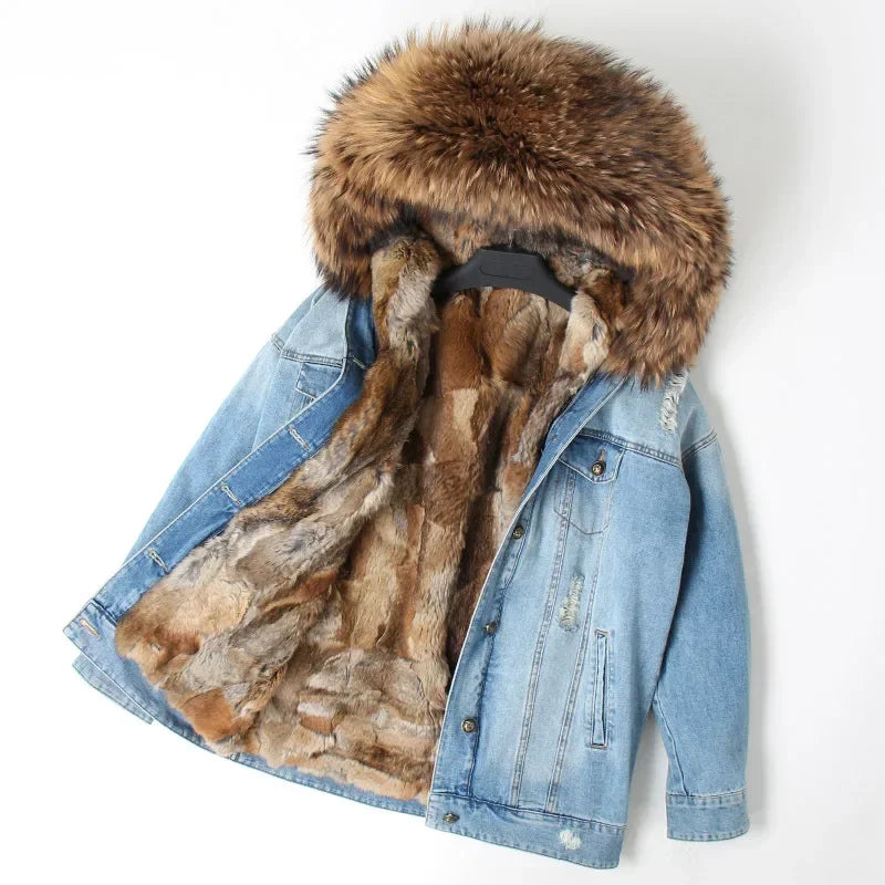 Jaqueta Parka Jeans Feminina com Forro Capuz Removível – (Promoção de Inverno 2025)
