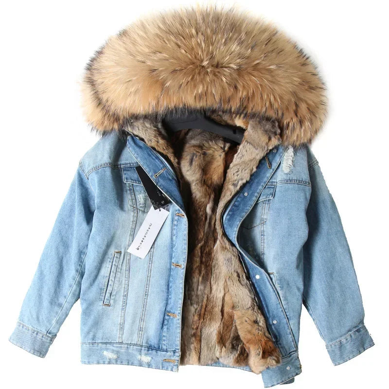 Jaqueta Parka Jeans Feminina com Forro Capuz Removível – (Promoção de Inverno 2025)